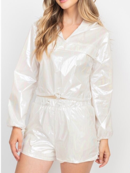 Awoo Pants - White Metallic Windbreaker Short Set Size S or L